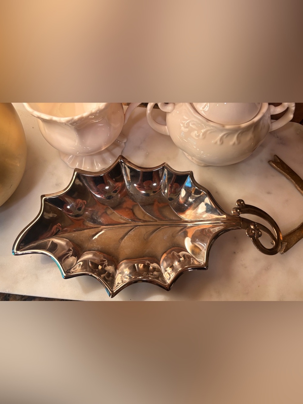 Vintage HUGO Silver Plate Holly Leaf Serving Dish EP on Steel Hong Kong 10”